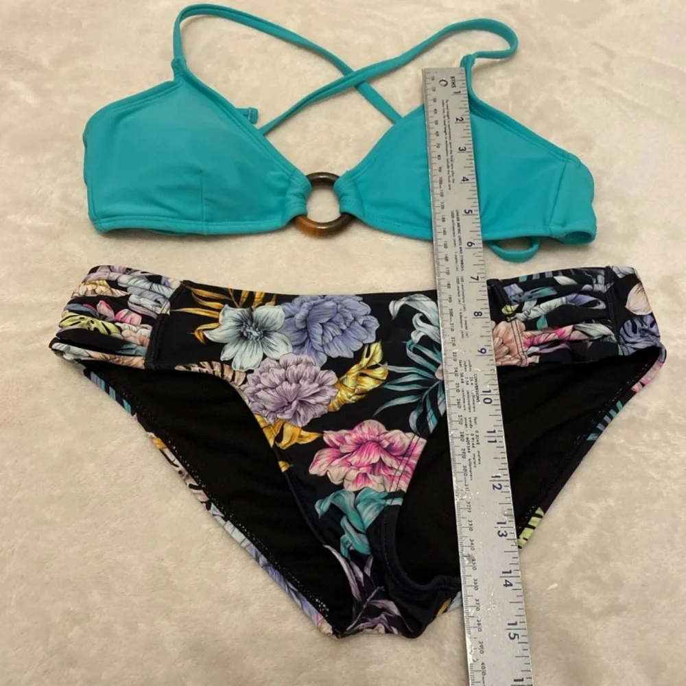 No Boundaries Seafoam Bikini with Floral Black Bottom